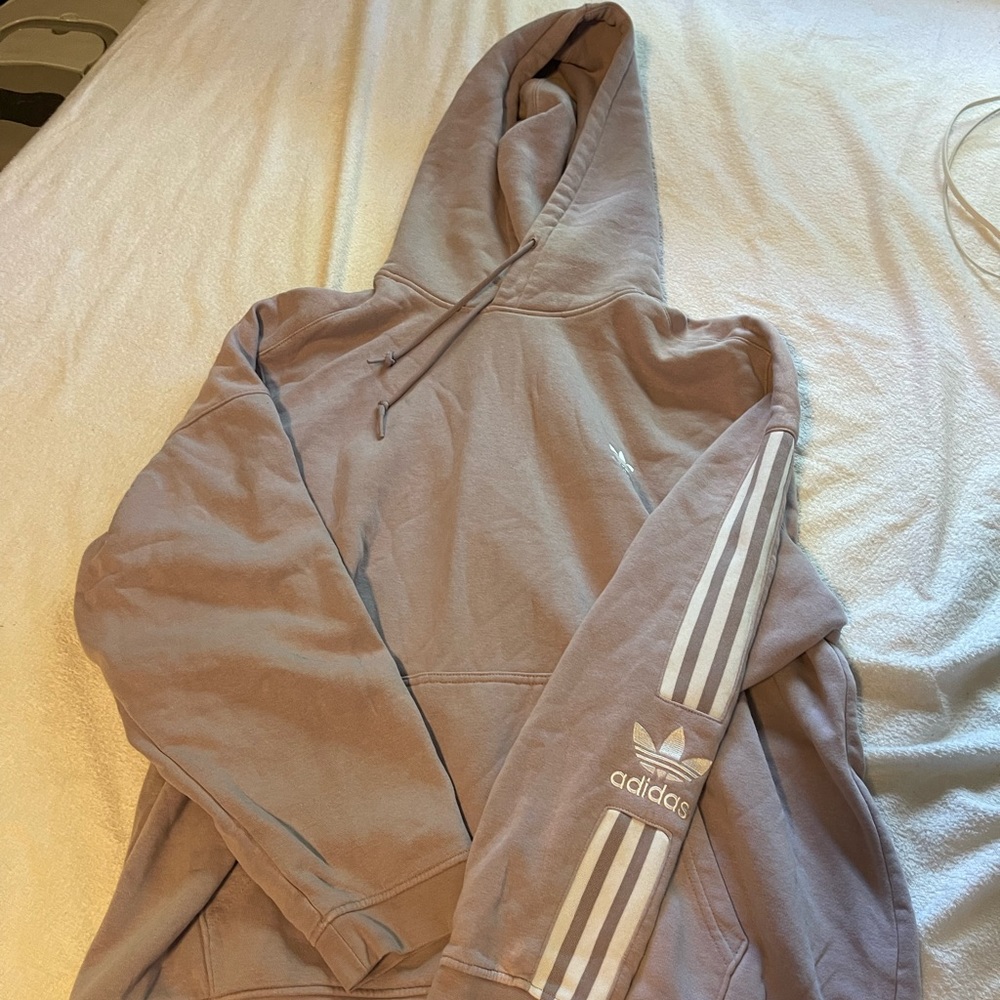 Purple Adidas Hoodie with White stripes down sleeves Size Large